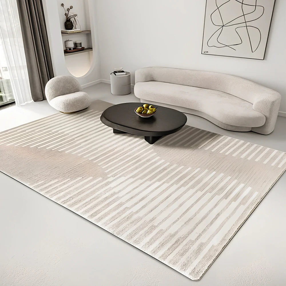 Rectangular Japanese cashmere carpet with striped pattern and non-slip backing in Veil F colour option