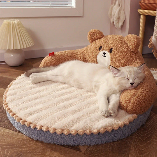 Little Bear design pet warming mat showing 52cm square dimensions and 22cm thickness