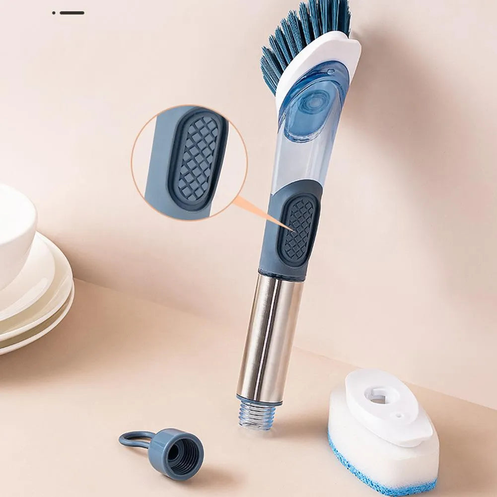 Long-handled kitchen cleaning brush with a soap dispenser button and a blue sponge head