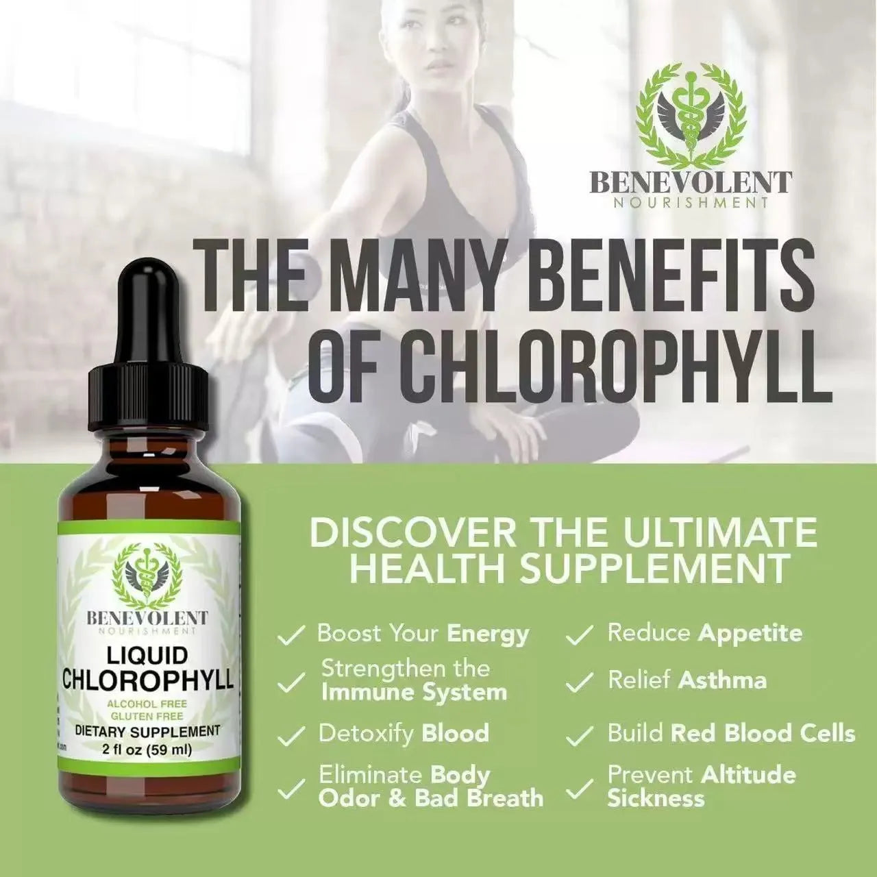 60ml glass bottle of natural green liquid chlorophyll drops for intestinal care and body odour support.