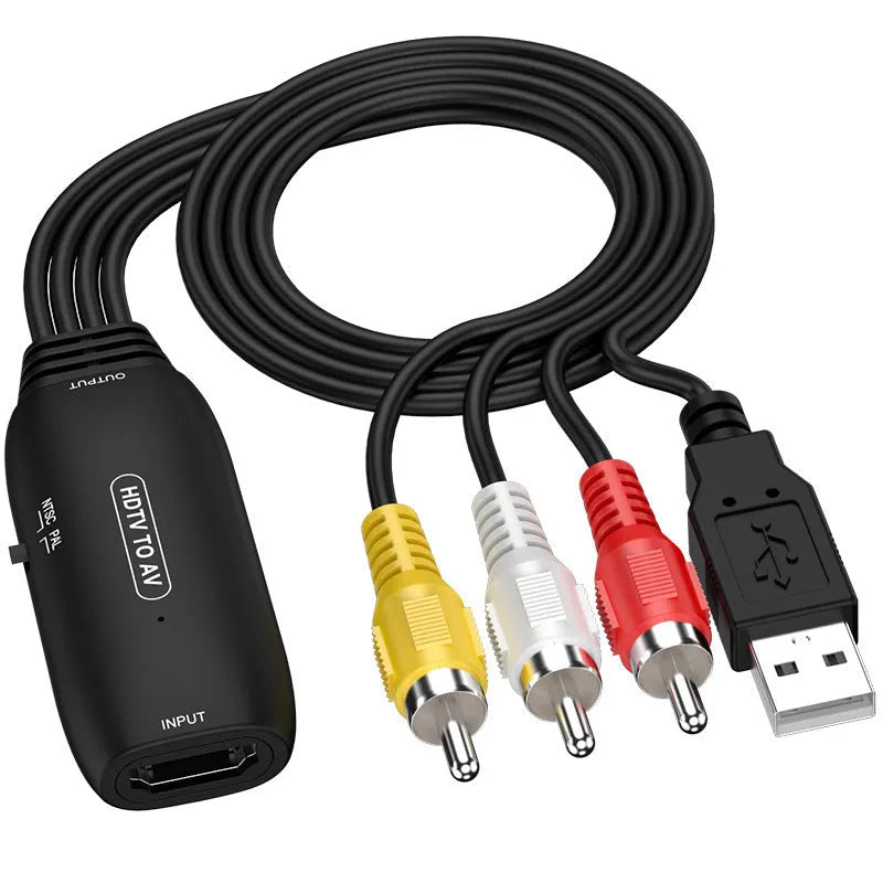HDMI to AV converter adapter with RCA cable and 3.5mm terminal plug for 1080p video.