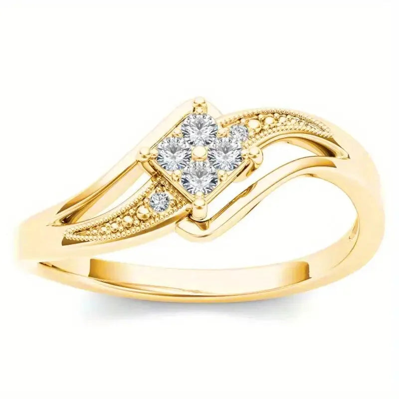 Yellow gold coloured copper diamond ring with micro inlaid zircon geometric ornamentation.