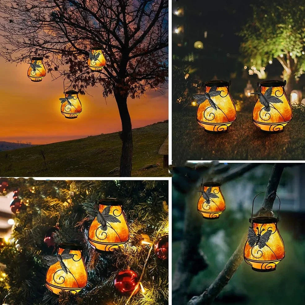 Solar-powered outdoor LED garden light with dynamic flame effect in European butterfly design