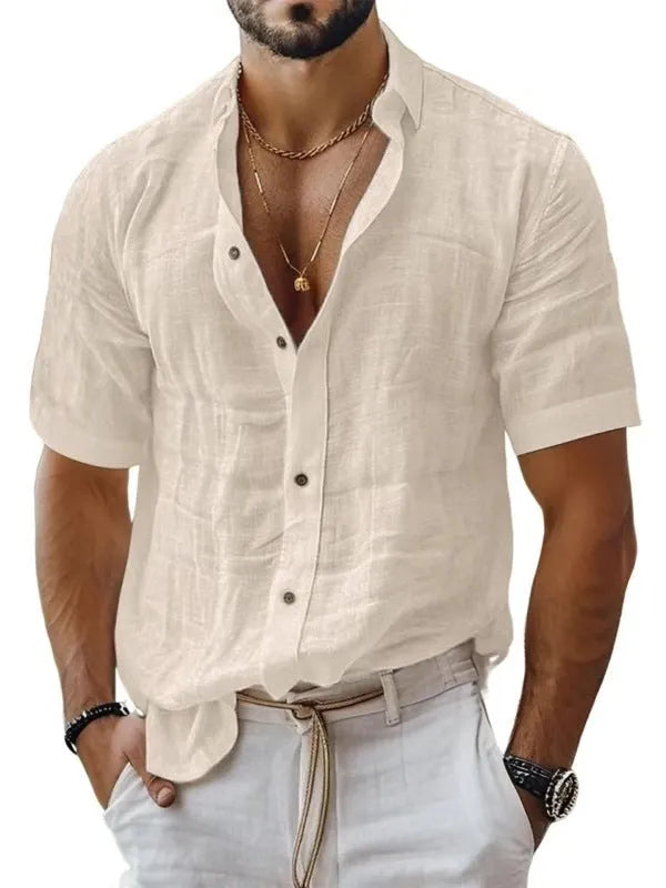 Men's short sleeve lapel shirt in cotton linen blend available in multiple solid colours
