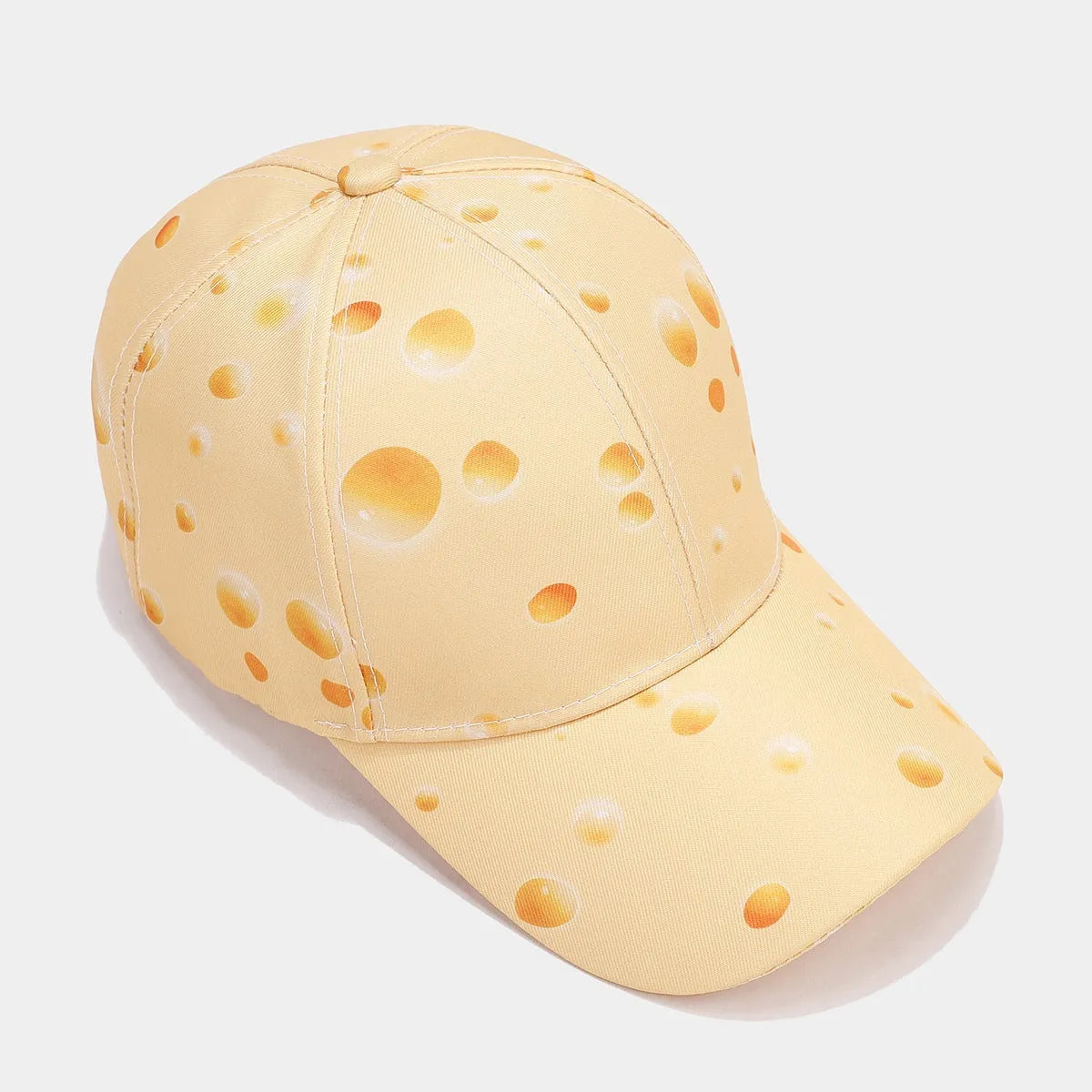 Cheese pattern personalised peaked cap with dome crown and adjustable strap