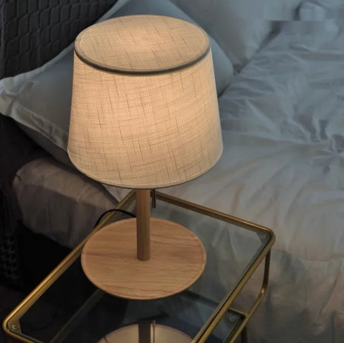 Walnut solid wood bedside lamp with fabric lampshade, LED light source, cable switch, 220V voltage for bedroom, living room, study or dining room desk lighting, wood colour option with three-level bulb control
