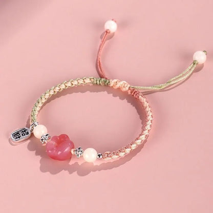 Red cat's paw woven couple bracelet with glass beads in pastoral style