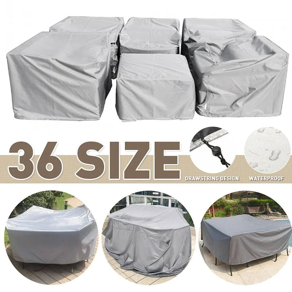 Waterproof furniture cover protecting outdoor table and chairs from rain with integrated storage bag