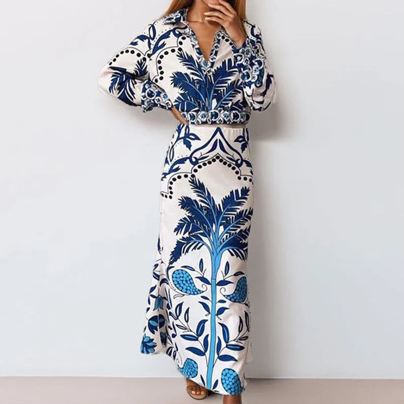 Flower pattern spring casual set with long sleeve top and matching skirt in polyester fabric