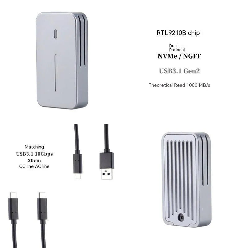 Aluminum external SSD enclosure measuring 5.2cm with USB-C port for 10Gbps transfers