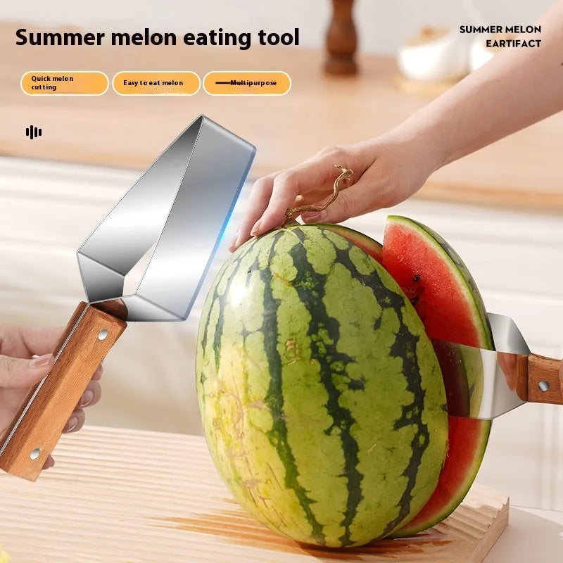 430 stainless steel watermelon slicer with triangle cutting blade and protective cover.