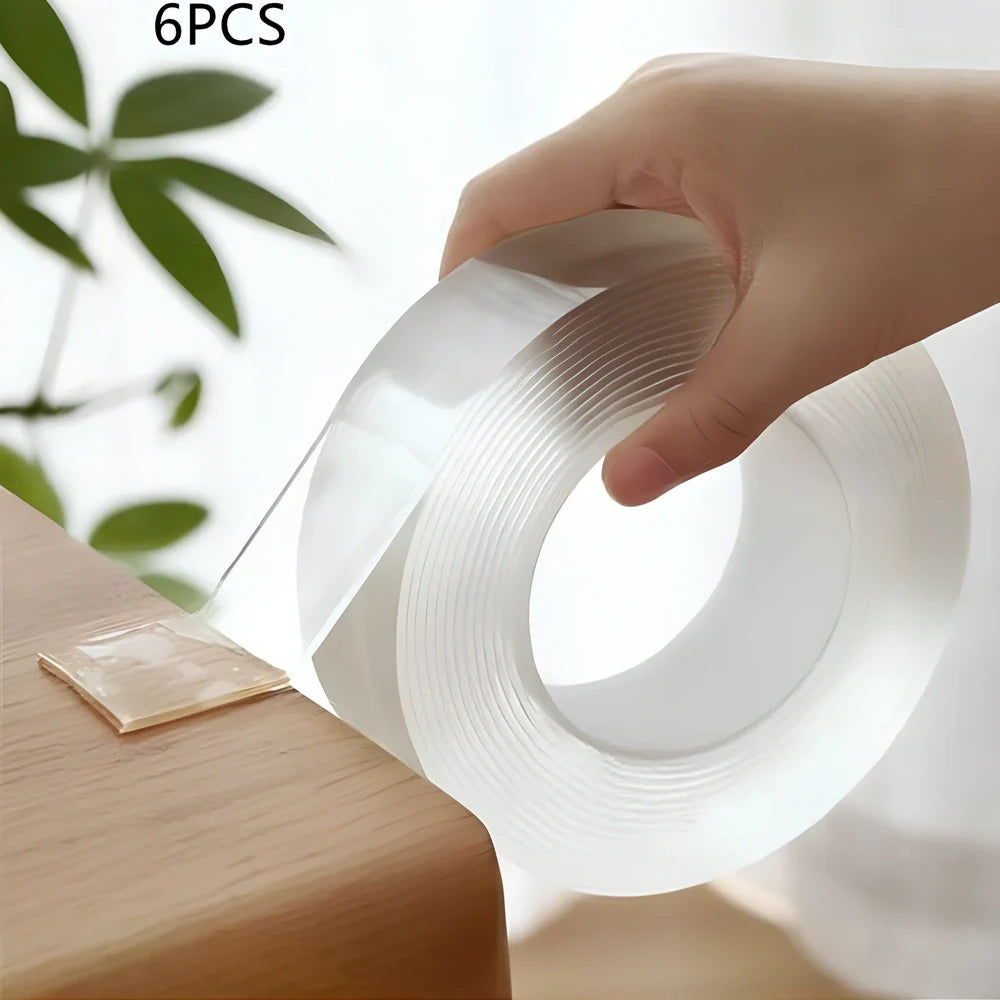 Transparent double-sided tape with 1mm thickness and 3cm width, showing nano-adsorption surface