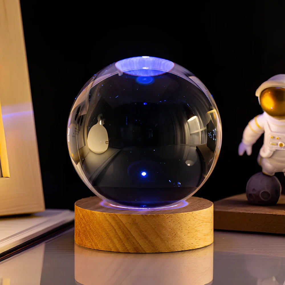 6cm crystal ball night light with Milky Way design on colourful base, USB cable connected