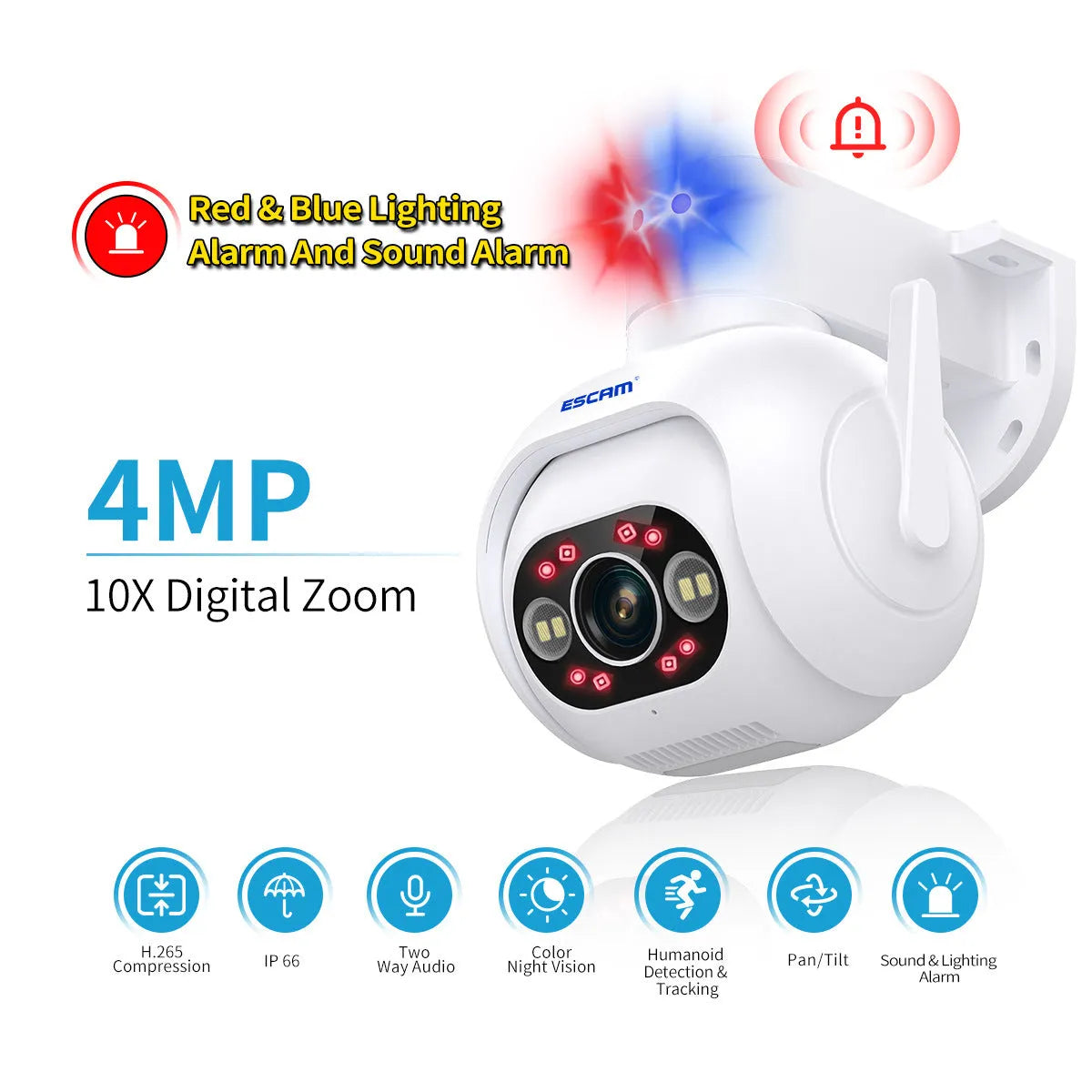 White outdoor security camera with wall mount, featuring smart colour night vision and IP66 waterproof rating.