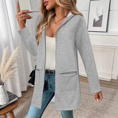 Loose mid-length cardigan coat for women in polyester fabric with pockets