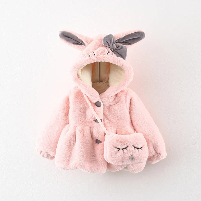 Children's furry cotton-padded coat with cartoon pattern in red colour, showing single-breasted closure and fleece lining