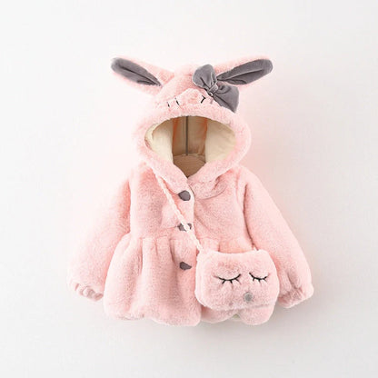 Children's furry cotton-padded coat with cartoon pattern in red colour, showing single-breasted closure and fleece lining