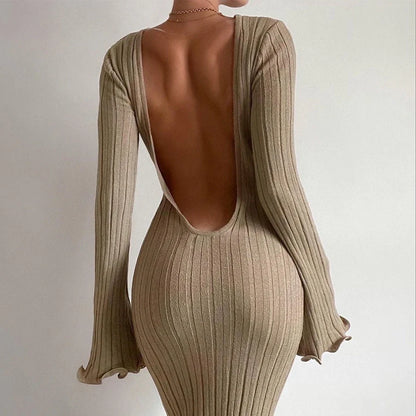 Elegant long-sleeve knitted maxi dress for women in khaki, black, and white