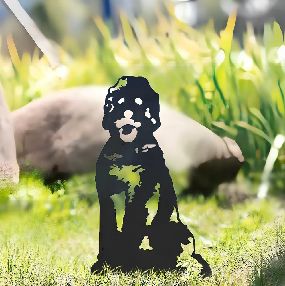 Metal dog silhouette garden decoration showing breed outline on iron background for outdoor display