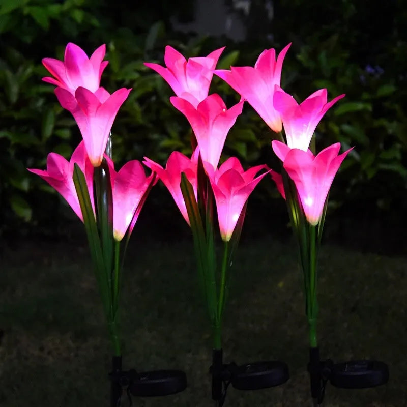 LED solar lawn lamp courtyard ground lamp with colour-changing flower shape, IP65 waterproof rating, 0.5W rated power, automatic lighting from 1.2V solar panel, designed for garden, yard, and outdoor path illumination.