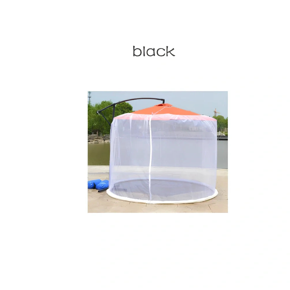 Black polyester mosquito net covering round patio umbrella with 300cm diameter protection