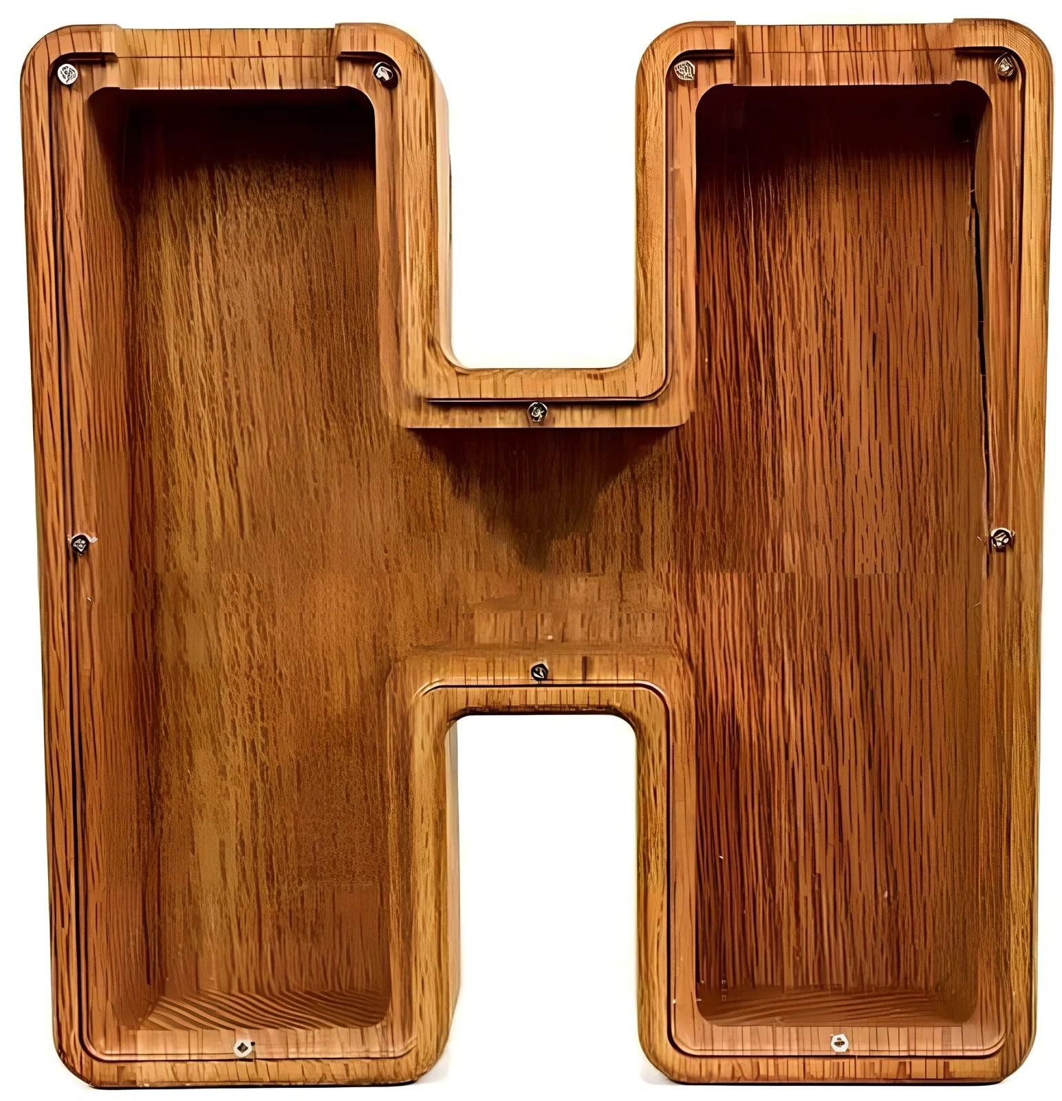 Handmade wooden letter piggy bank with personalised initial, showing 15cm height and 5cm coin slot for UK coins