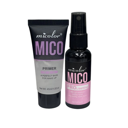 Two bottles of makeup primer and setting spray set, 45ml and 40ml, in monochrome packaging.