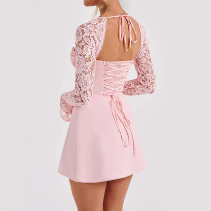 Elegant backless lace-up dress in various colors, featuring long sleeves and a short skirt length