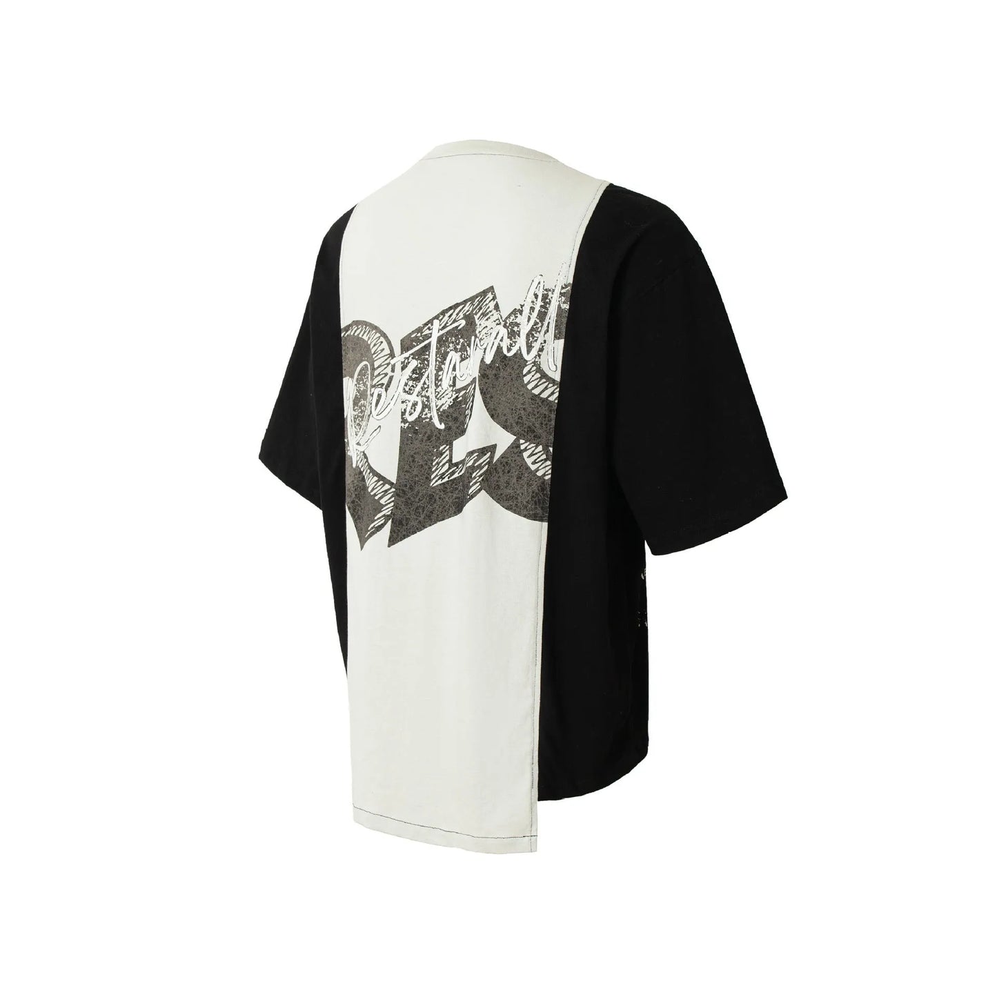 Black and white broken collage print on a loose short sleeve cotton blend T-shirt.