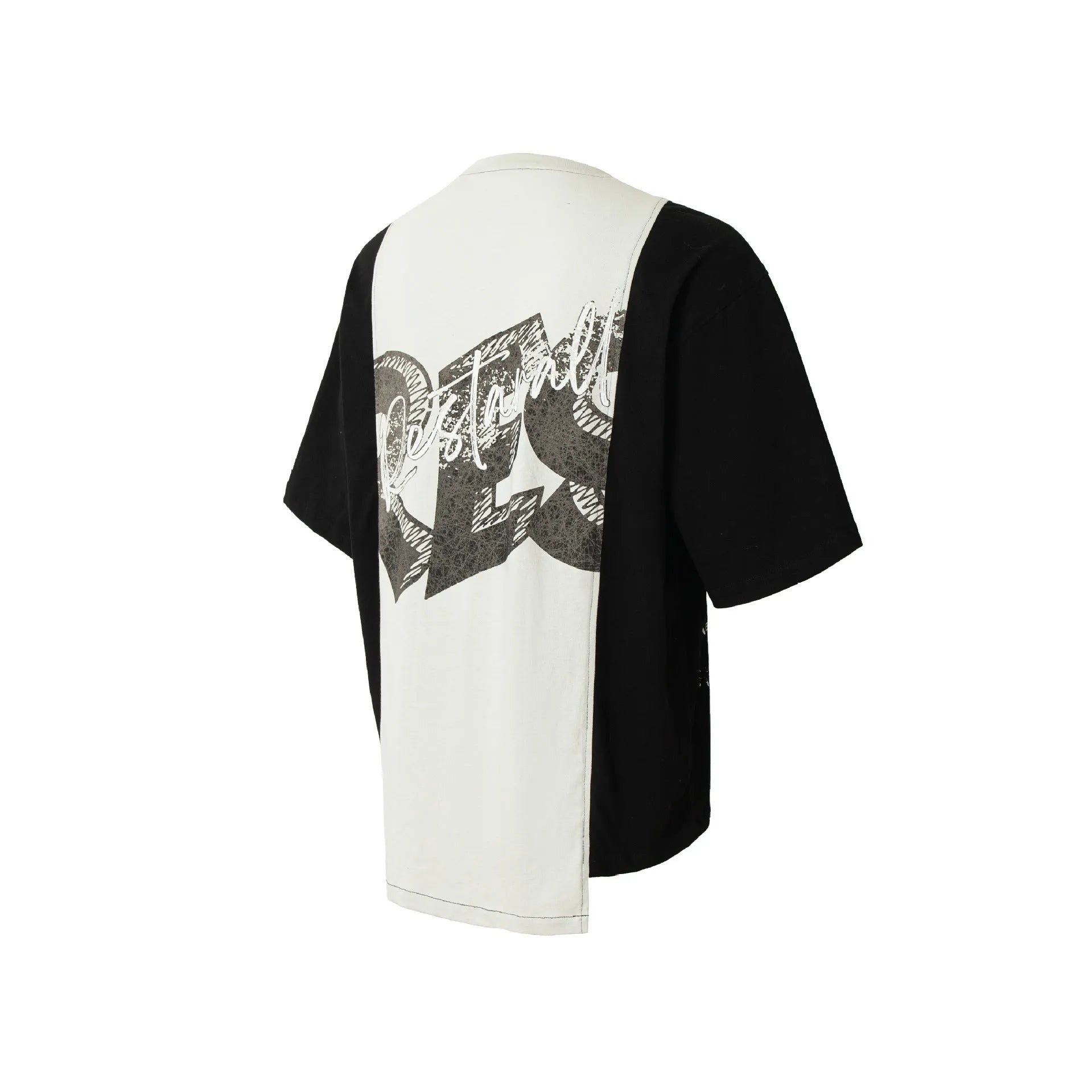 Black and white broken collage print on a loose short sleeve cotton blend T-shirt.