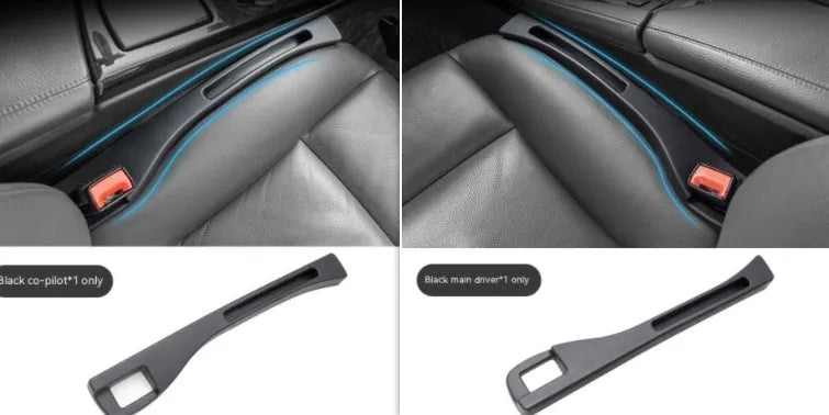 Black car seat gap storage box organiser pocket placed between vehicle seat and centre console