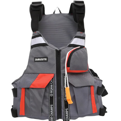 Gray-red Oxford cloth fishing swim vest with slim 0-type design and one-size universal fit