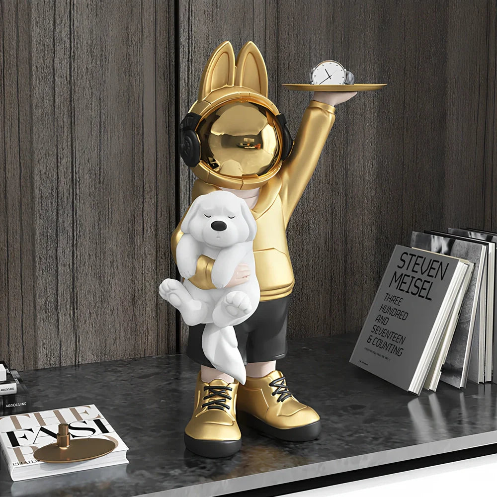 Glass steel astronaut rabbit sculpture with carving details in modern cartoon style