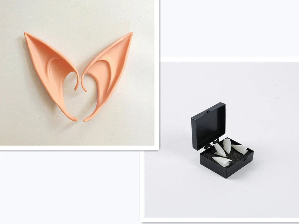 A pair of soft, flexible elf ears in various colors and sizes, perfect for Halloween costume accessories.