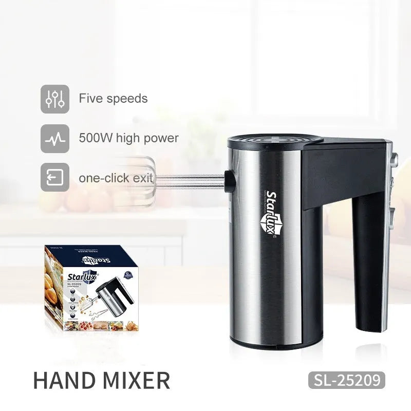 SL-25209 white electric hand mixer with stainless steel beaters and 5-speed control dial