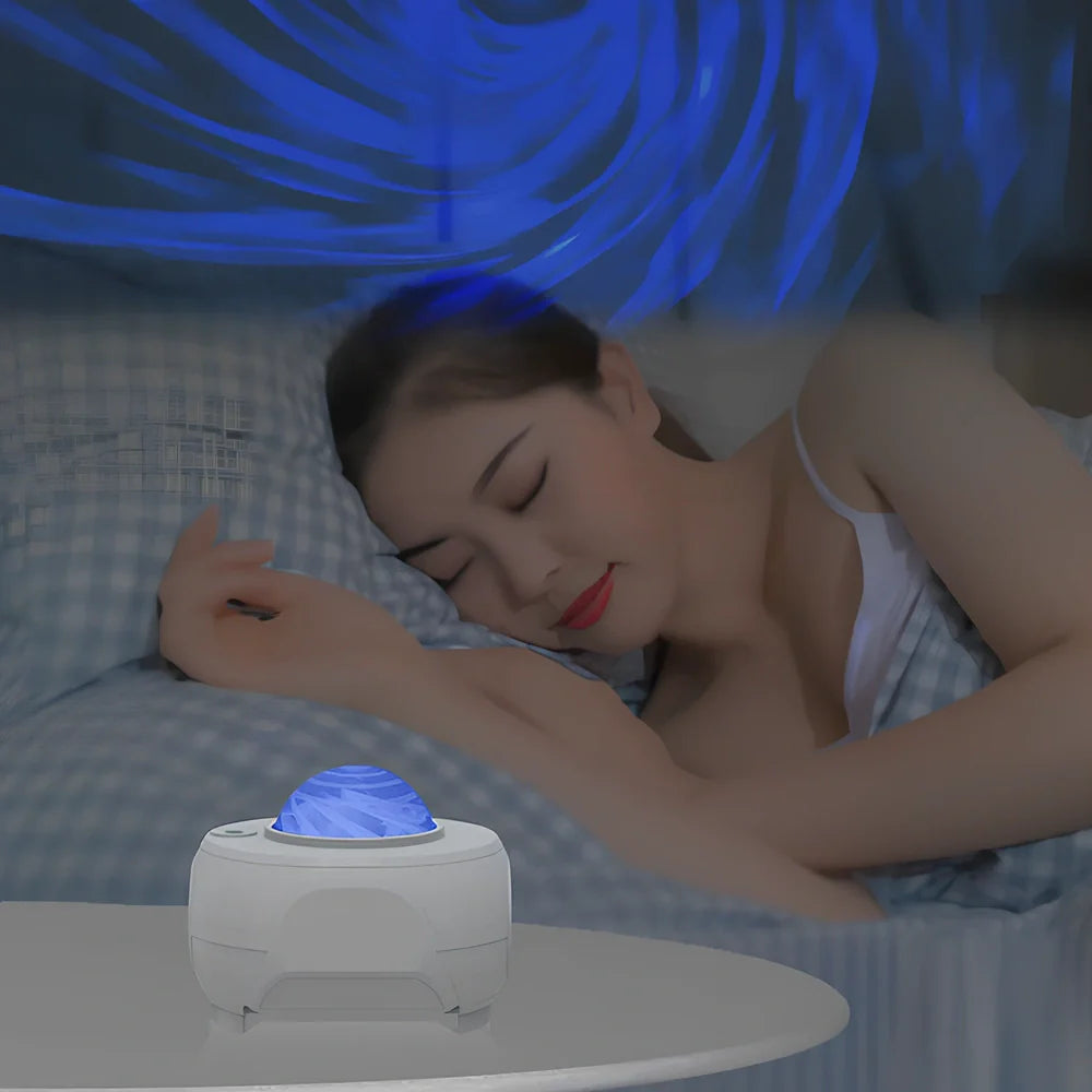 White Swirl Moon Star Laser Atmosphere Lamp projecting celestial patterns with remote control