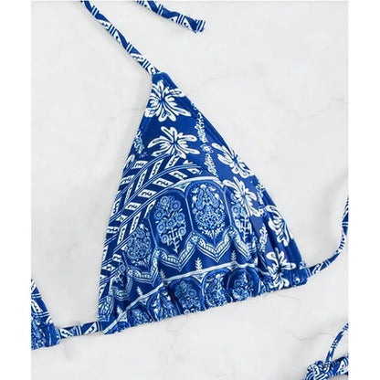 Women's bandage swimsuit with split bikini printing and stitching detail in polyester fabric