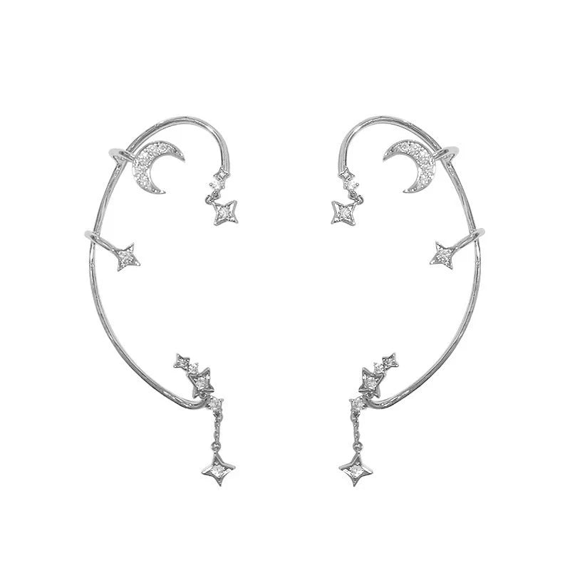 Butterfly design non-pierced earrings with detachable chain link in silver and purple