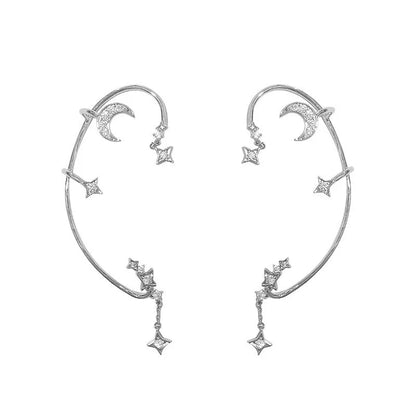 Butterfly design non-pierced earrings with detachable chain link in silver and purple