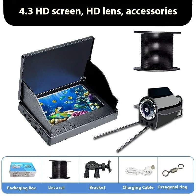 Underwater fish finder camera with 4.3-inch monitor, 220-degree lens, and LED lights on a 30-metre cable.