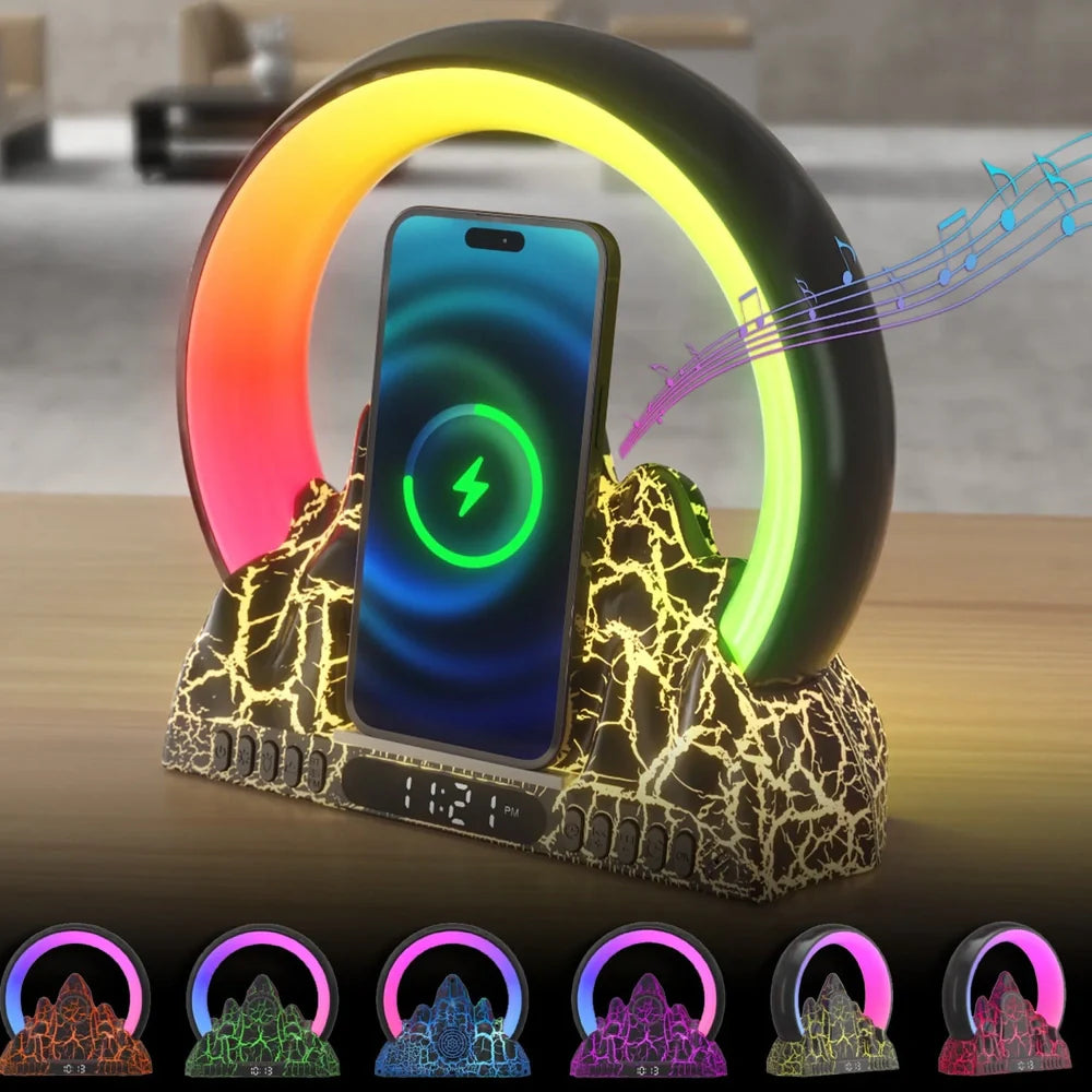 Colorful Flame Mountain wireless charging alarm clock showing 237mm width and charging surface