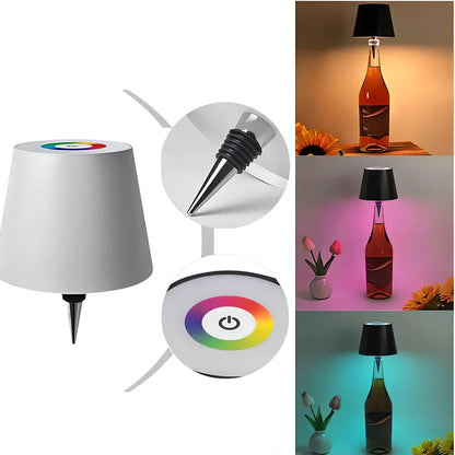 Wireless LED desk lamp with wine bottle design showing detachable components and touch control panel