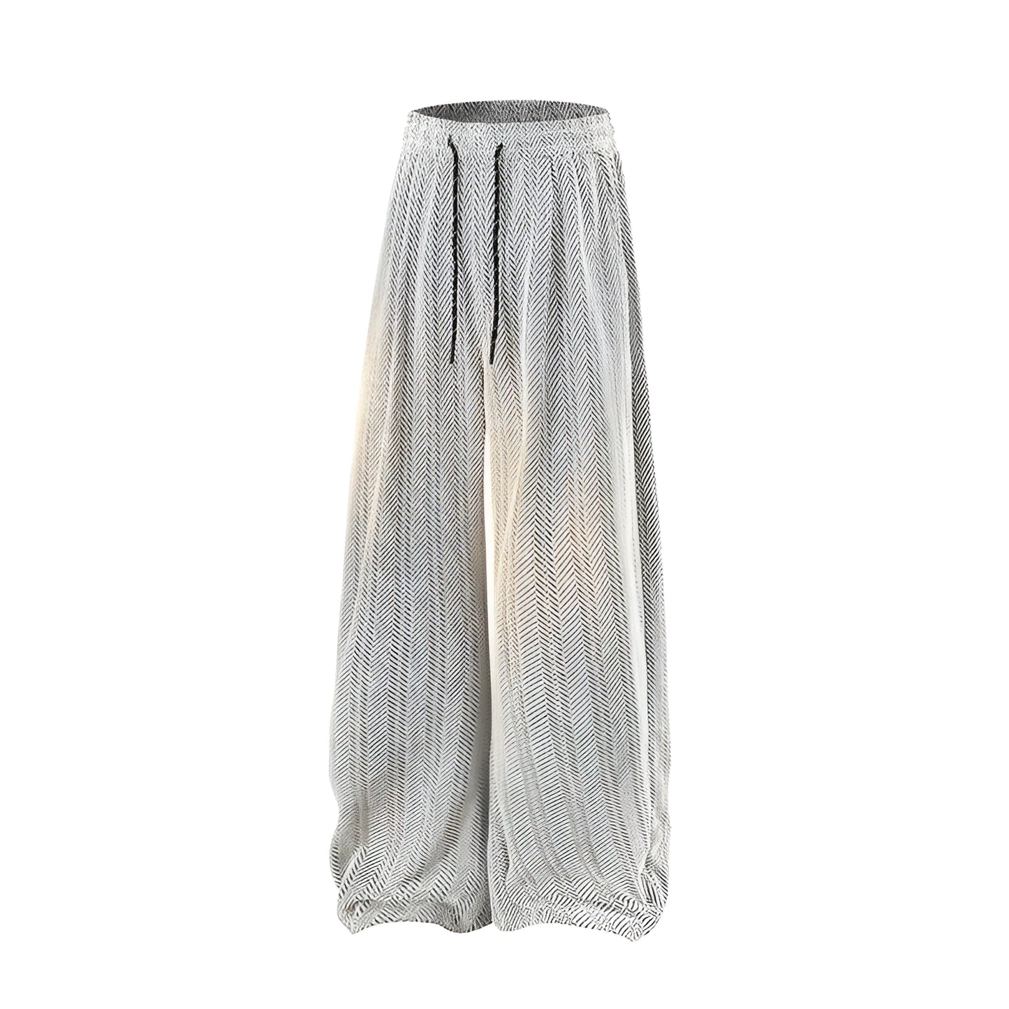 Light grey fleece-lined straight-leg trousers with hollow-out detail and elastic waistband on a hanger.
