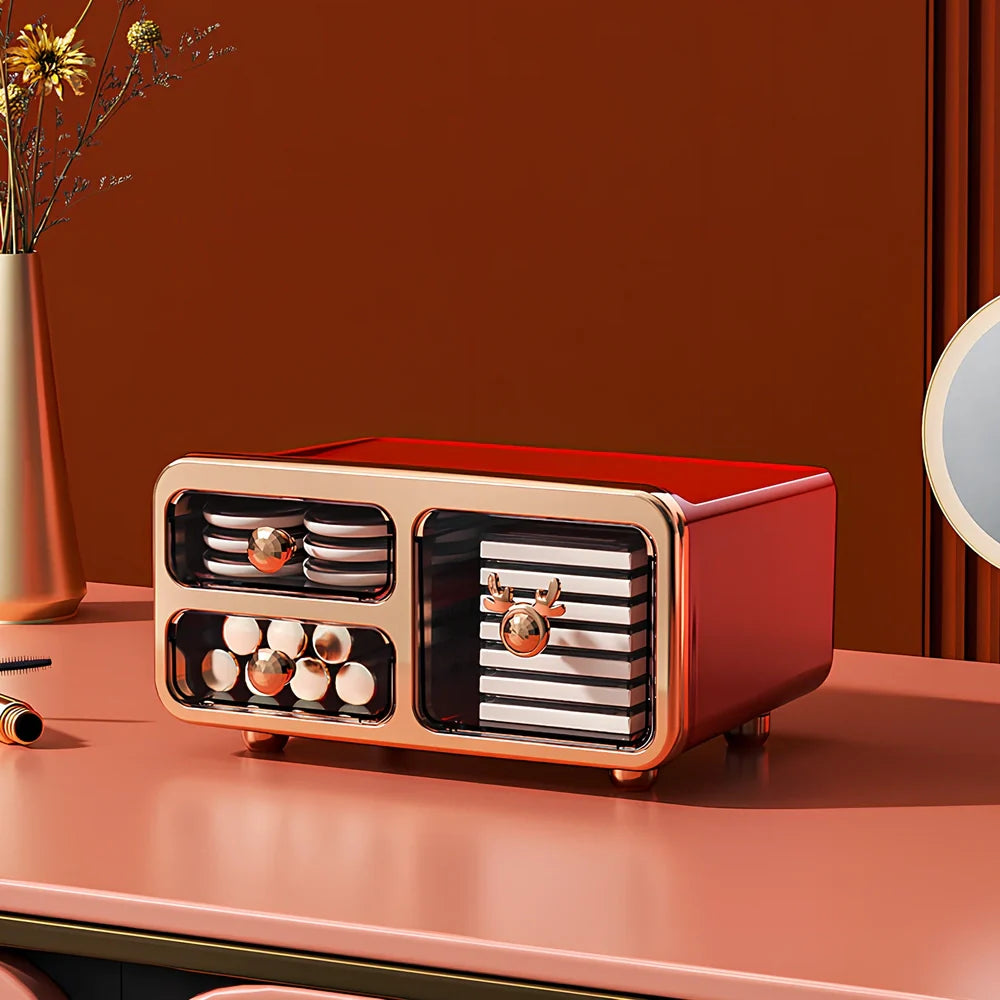 Light luxury plastic storage drawer in green for cosmetics, 25cm x 15cm with divided compartments for brushes and lipsticks