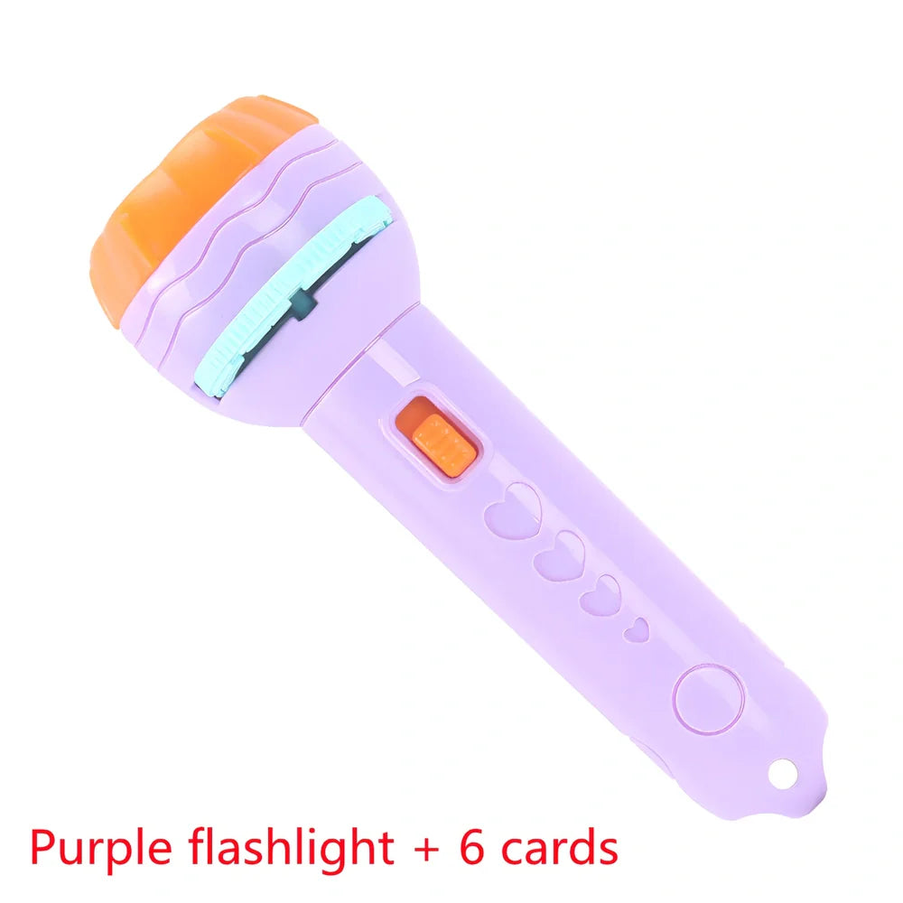 Red plastic cartoon projection flashlight showing rotating lens for 80 pattern changes