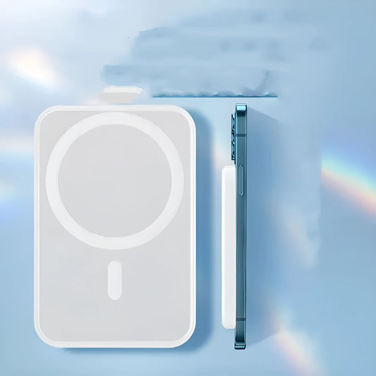 White magnetic wireless charging power bank with 5000mAh capacity and creative design