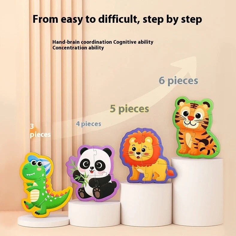 Five educational puzzle boxes for infants with animal, fruit, farm, transportation, and profession themes