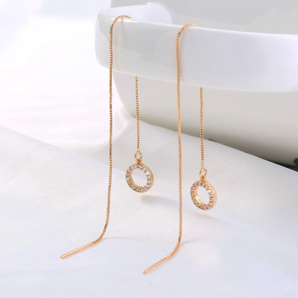 Gold Circle Long Tassel Ear Wire with sparkling zircon accents