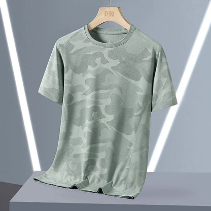 Men's loose fit camouflage nylon short sleeve summer top on a hanger