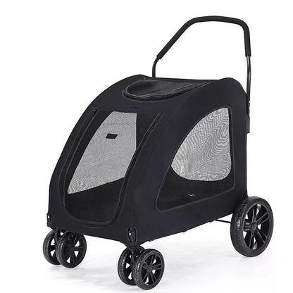 Foldable pet stroller for medium to large dogs in gray, blue, red, and black